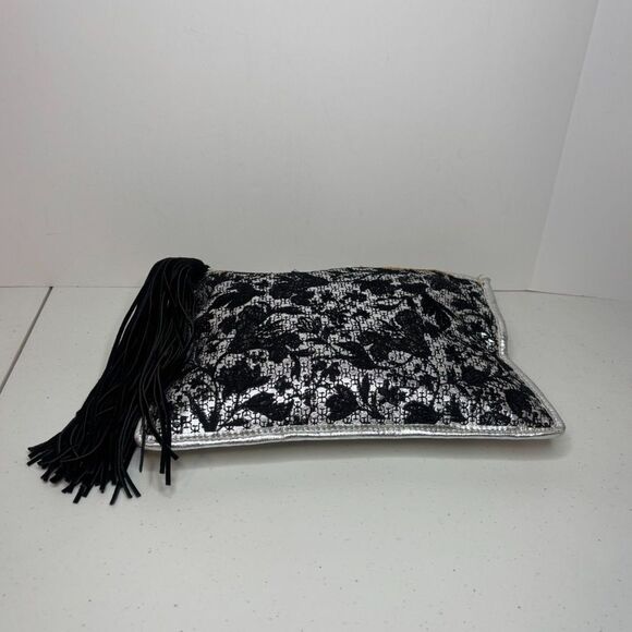 Sam Edelman Alia Lace Floral Leather Clutch Bag Designer Silver Black Tassel - Picture 6 of 10